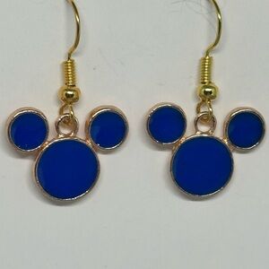 Blue Mouse ears dangle earrings with a gold hook